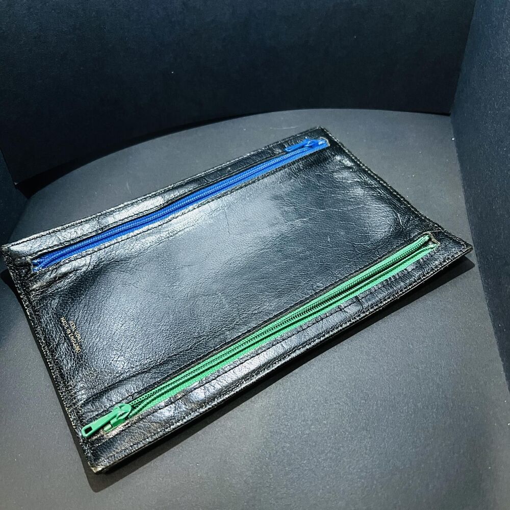 Handmade Black Goatskin Leather Slim 4-Pocket Flat Organizer Hand Stitched